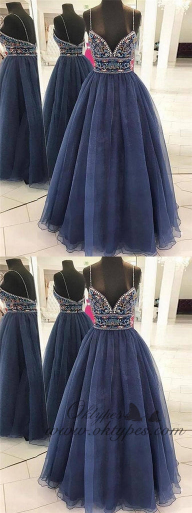 Beautiful  Spaghetti Straps Navy Blue Tulle  Long Prom Dresses with Beading, TYP1344