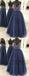 Beautiful  Spaghetti Straps Navy Blue Tulle  Long Prom Dresses with Beading, TYP1344