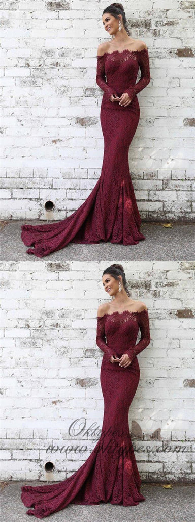 Maroon Long Sleeve Lace Mermaid Off-the-shoulder Prom Dresses, TYP1454