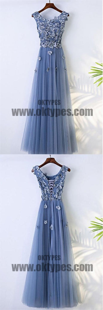 Cute V-Neck Applique Lace Up A-Line Long Tulle Prom Dress, Beautiful Prom Dress, TYP0484