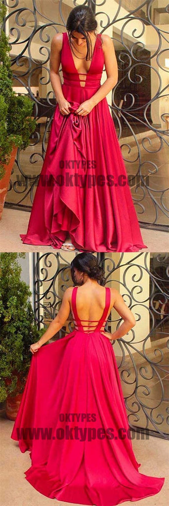 Red Spaghetti Strap V-neck Backless Prom Dresses, Long Mermaid Soft Satin Prom Dresses, TYP0579