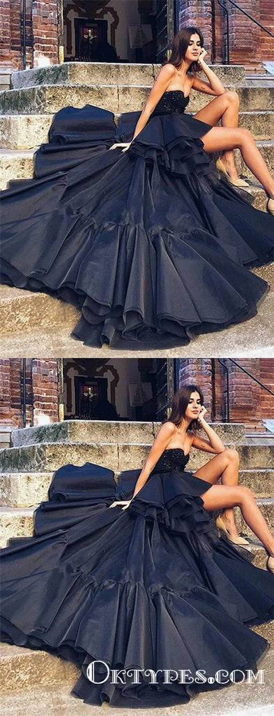 High Low Beading Sweetheart Black Evening Gowns Backless Prom Dresses, TYP1904