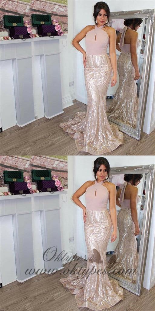 Mermaid Halter Sleeveless Sweep Train Blush Lace&Sequin Prom Dresses, TYP1251