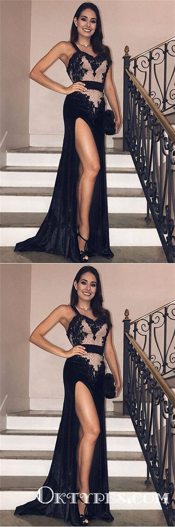 Gorgeous Spaghetti-Straps Velvet Mermaid Sexy Black Side-Slit Prom Dresses, TYP1924