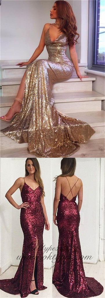 Gold Mermaid Prom Dresses with Slit Backless Formal Dresses, TYP1230