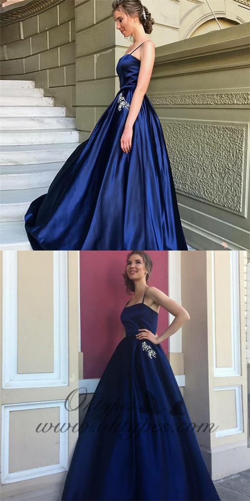 A-Line Spaghetti Straps Royal Blue Satin Prom Dresses with Beading&Pockets, TYP1267