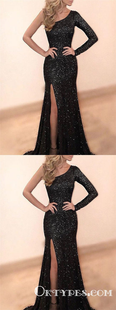 Gorgeous Mermaid One Shoulder Long Sleeve Black Long Prom Dresses , TYP1668