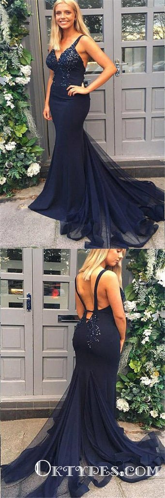 Navy Blue Spaghetti Straps Mermaid Beading Long Prom Dresses, TYP1792