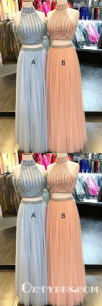 High Neck Peach Two Piece Long Cheap Prom Dresses with Beading, TYP1811