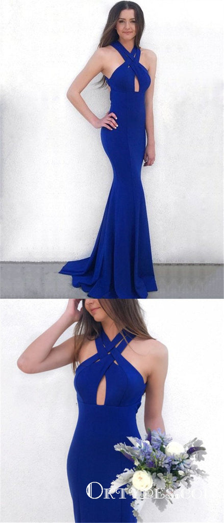 Royal Blue Jersey Sleeveless Halter Long Mermaid Prom Dresses, TYP1696