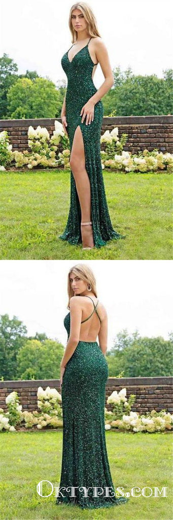 Spaghetti Strap Emerald Green Slit Sheath Sequined Formal Prom Dresses, TYP1745