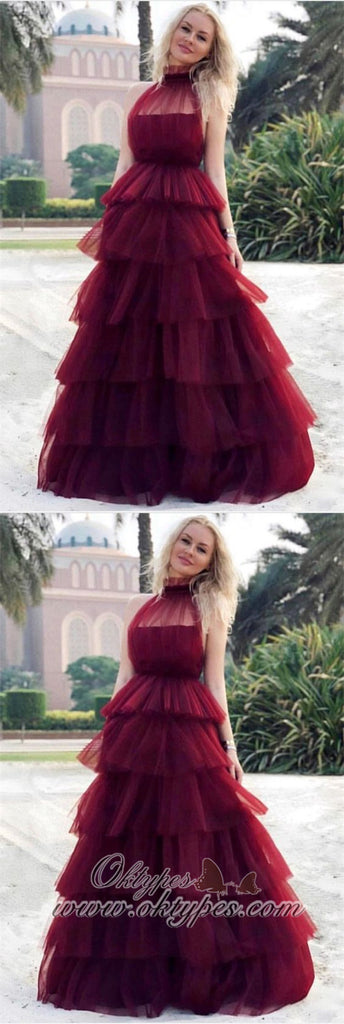 Newest Burgundy Halter Tulle long cheap Cake Prom Dresses, TYP1424