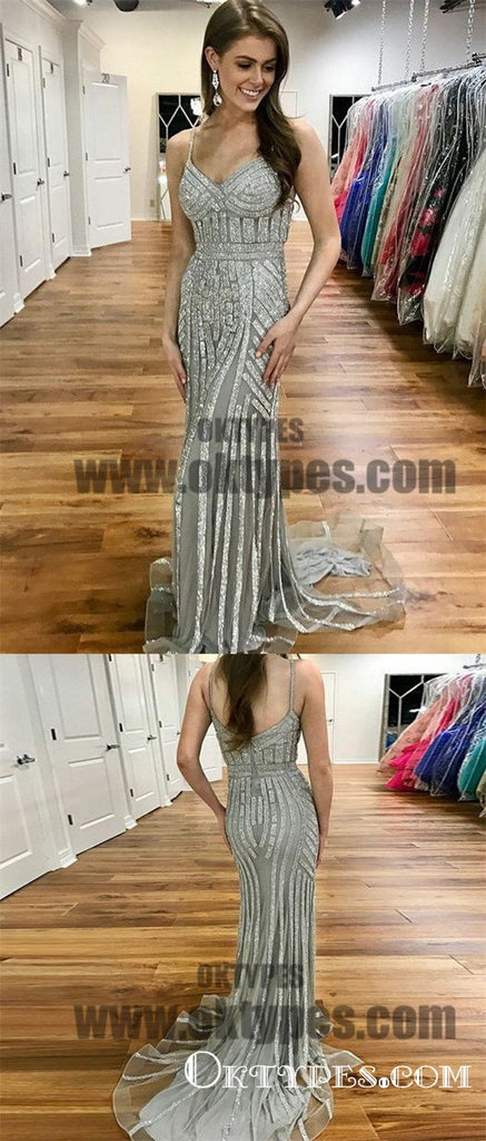 Mermaid Spaghetti Strap Grey Sequin Prom Dresses, Sexy Evening Dresses, TYP0697