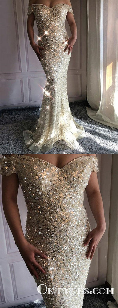 Mermaid Off The Shoulder Long Prom Dresses With Heavy Beaded, TYP1766