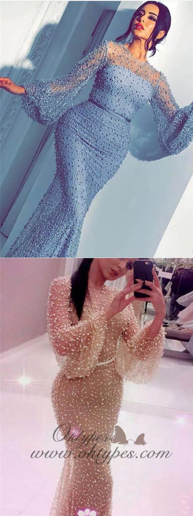 Unique Long Sleeve Blue long Mermaid Prom Dresses Online, TYP1466