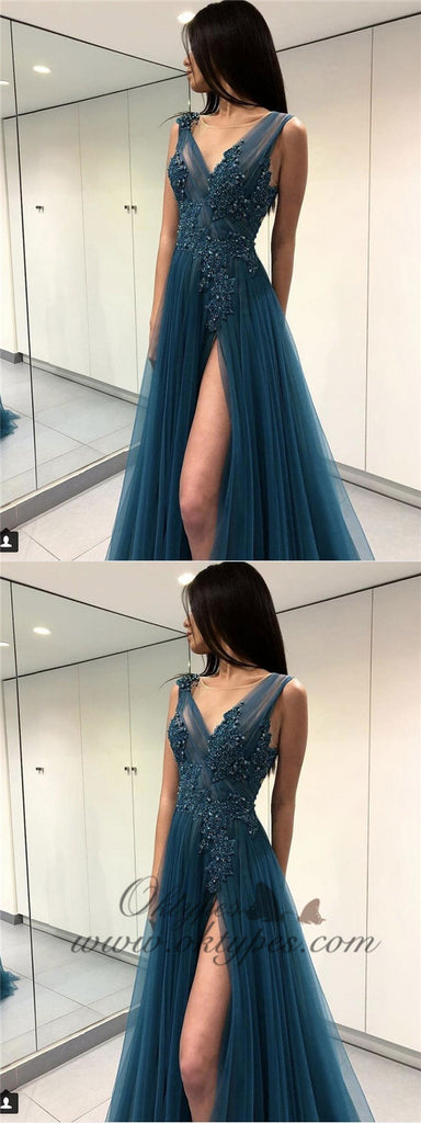 Long See Through Thigh Slit Blue Prom Dresses Backless Beaded Lace Prom Dresses, TYP1199