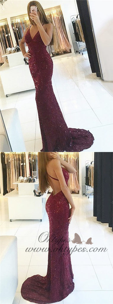 Mermaid Spaghetti Straps Backless Burgundy Lace Prom Dresses with Beaded, TYP1508