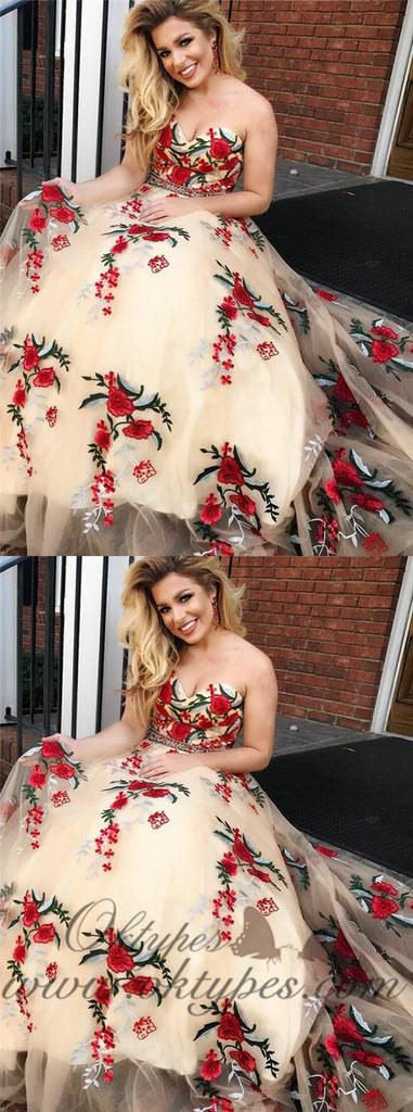 Charming Sweetheart Floral Flower Applique Long Prom Dresses, TYP1467