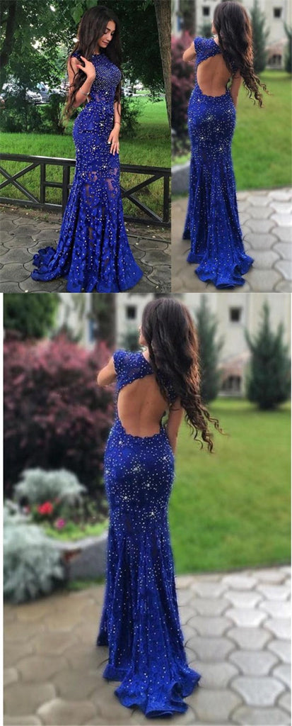 Royal Blue Lace Prom Dresses, Long Prom Dresses, Lace Formal Dresses,Open-back Beading Evening Dresses, TYP0056