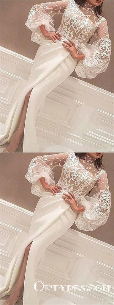 Unique Mermaid Round Neck Long Sleeves Split Ivory Lace Long Prom Dresses, TYP1728