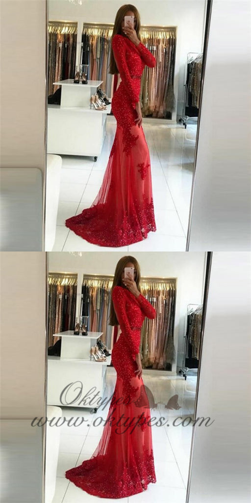 Mermaid Round Neck Open Back Sweep Train Red Tulle Prom Dresses with Pearls&Lace, TYP1257