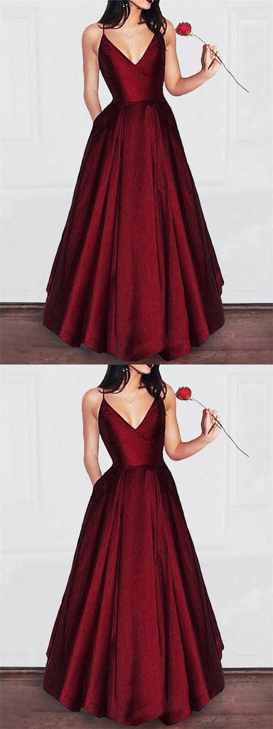 Red Long V-neck A-line Simple Princess Cheap Satin Prom Dresses, TYP1122