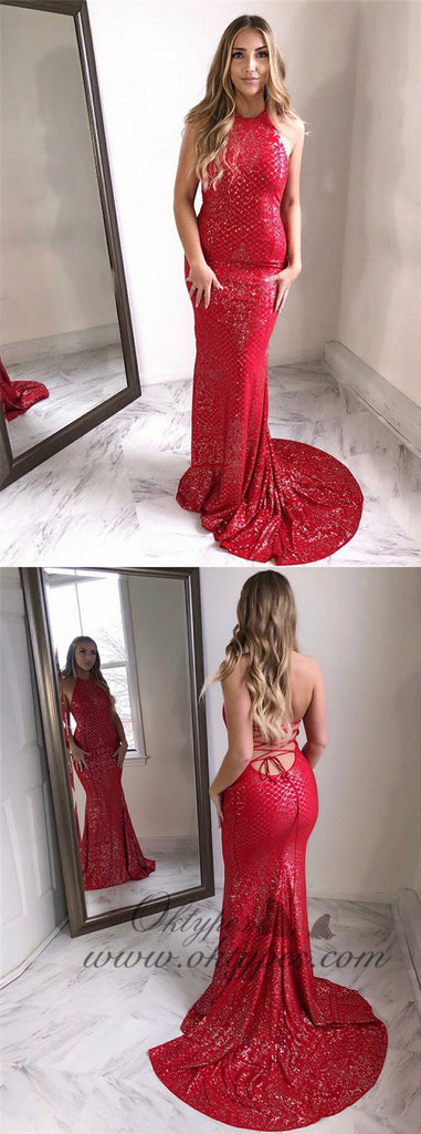 Sheath Jewel Long Cheap Backless Red Sequin Prom Dresses Online, TYP1339