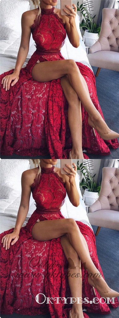 Red Sexy Halter Side Slit Lace Long Cheap Prom Dresses Online, TYP1459