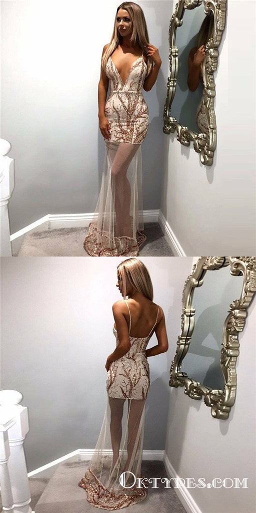 Sheath Spaghetti Straps Long Cheap Champagne Prom Dresses, TYP1828