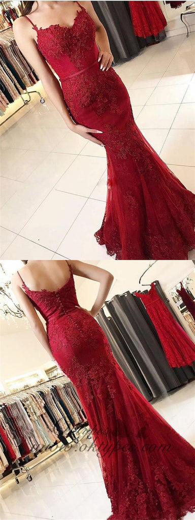 Burgundy Spaghetti Strap Lace Appliqued Long Mermaid Prom Dresses, TYP1453