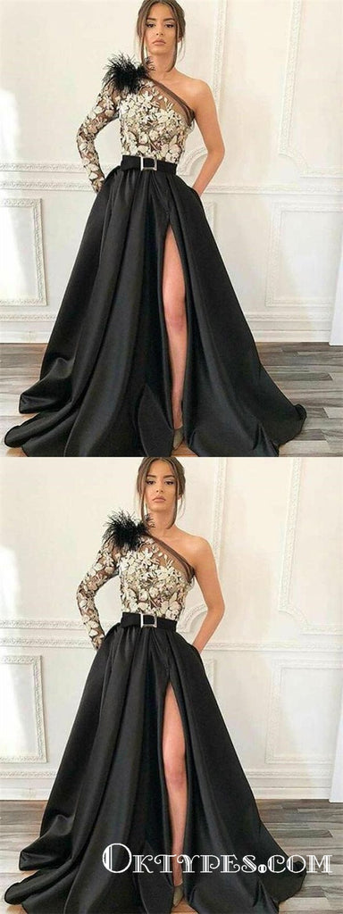 Unique One Shoulder Long Sleeve Black Satin and White Lace Long Prom Dresses, TYP1663