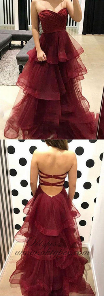 Burgundy Sweetheart A-line Simple Open Back Long Prom Dresses, TYP1352