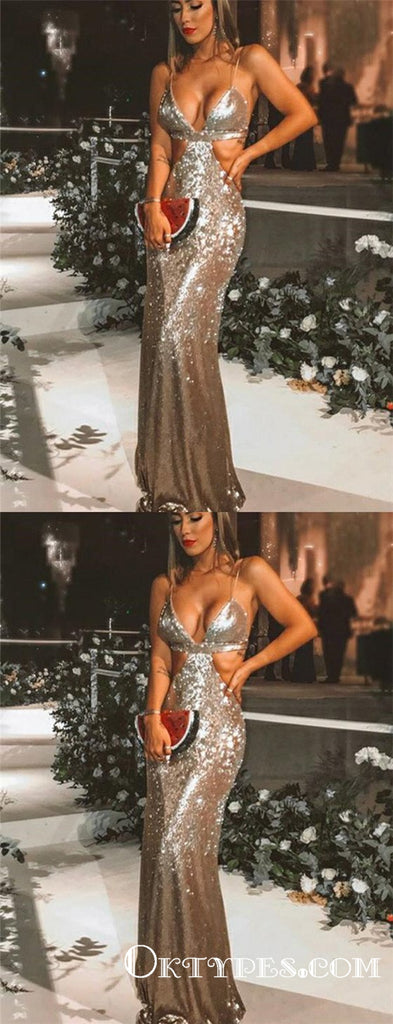 Hot Silver Sequined Sheath Spaghetti Straps Long Evening Gowns Prom Dresses, TYP1656