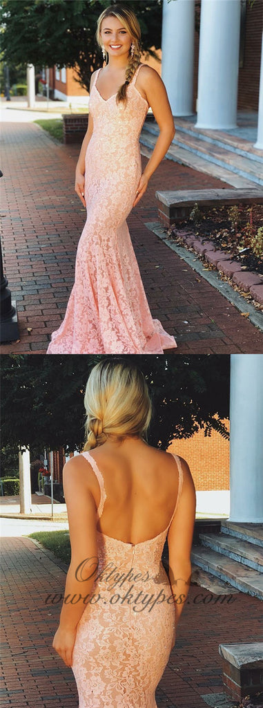 Mermaid V-neck Sleeveless Pink Lace Backless Prom Dresses With Beaded, TYP1526