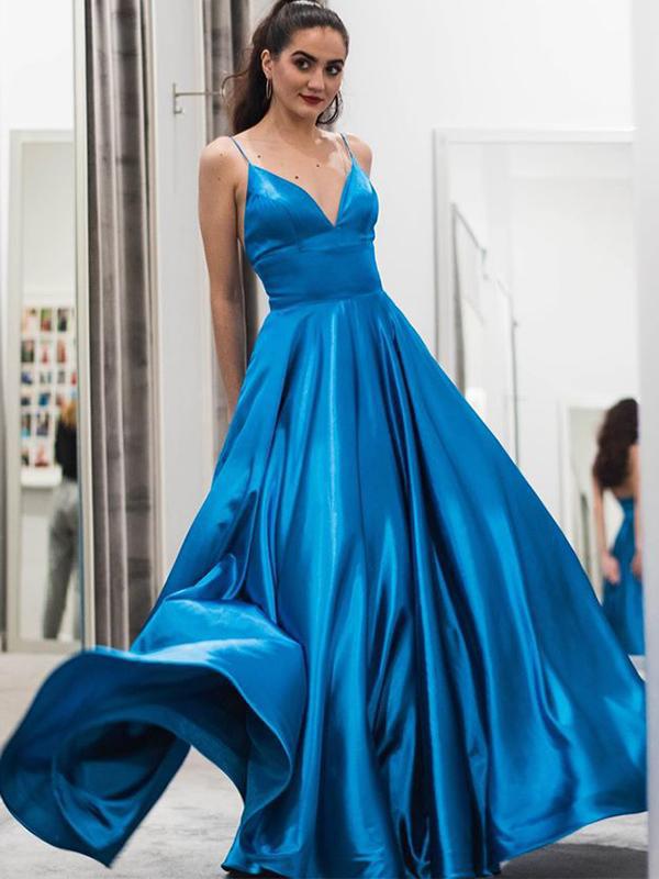 Simple Spaghetti Straps V-neck Blue Elastic Silk A-line Long Cheap Formal Prom Dresses, PDS0060