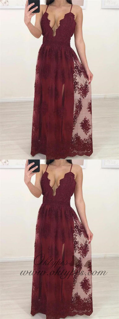 Burgundy Spaghetti Strap Tulle Lace A-line Occasion Party Prom Dresses, TYP1447