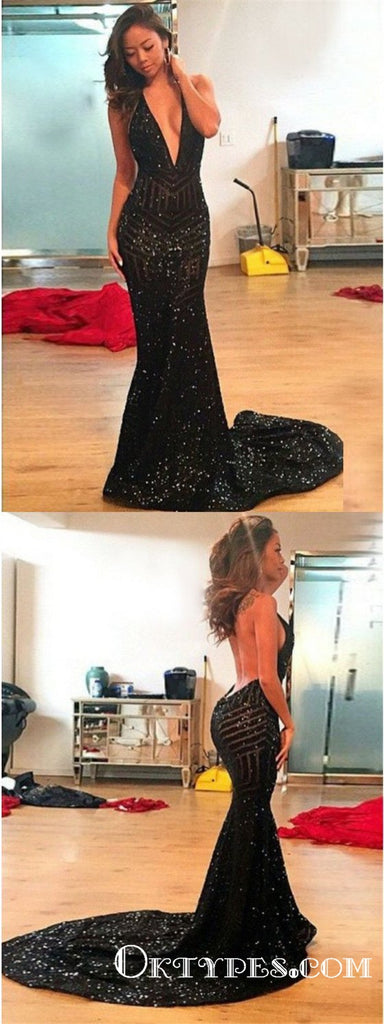 Mermaid Deep V-Neck Long Black Sequined Backless Prom Dresses, TYP1689