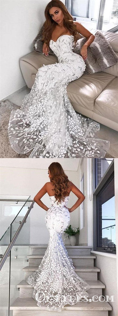 White Gorgeous Lace Sweetheart Mermaid Long Prom Dresses, TYP1782