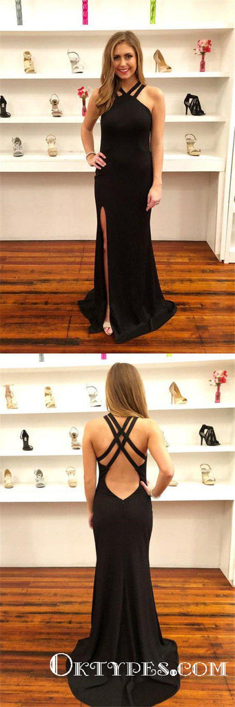 Mermaid Cross Neck Long Cheap Black Prom Dresses with Split, TYP1850