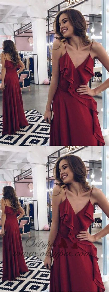 Sexy Burgundy Spaghetti Straps Ruffles A-Line Prom Dresses Online, TYP1382