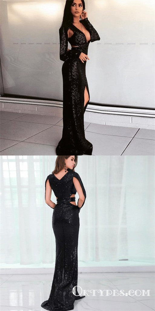 Sparkly Mermaid Deep V-Neck Long Sleeves Black Sequin Long Prom Dresses, TYP1627