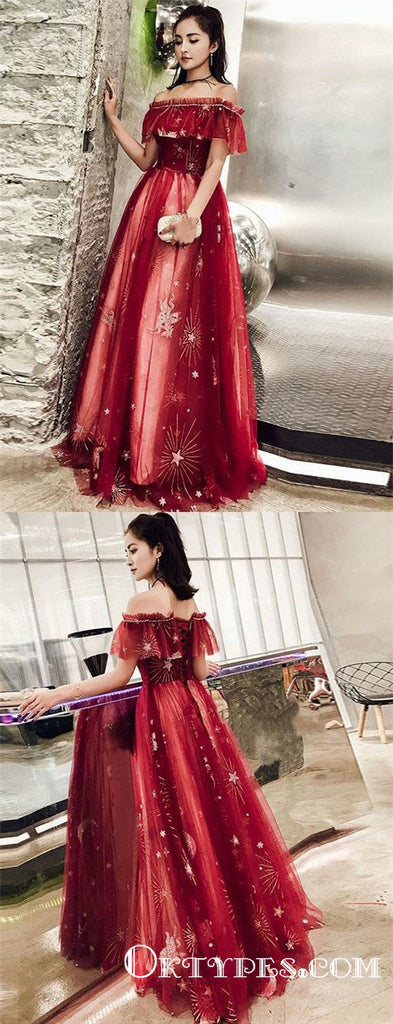 Off The Shoulder Red Long  Appliques Evening Party Prom Dresses, TYP1746