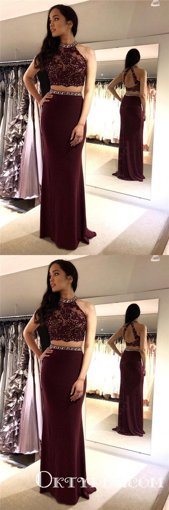 Two Piece Sheath Backless Burgundy Long Cheap Prom Dresses With Beaded, TYP1893