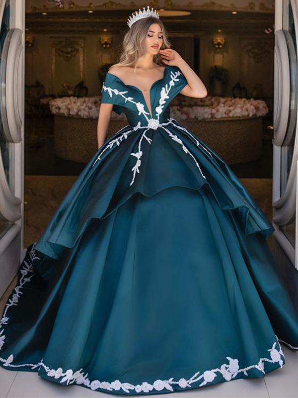 Ball Gown Off-The-Shoulder V-neck Satin Long Cheap Formal Prom Dresses With Applique, PDS0059