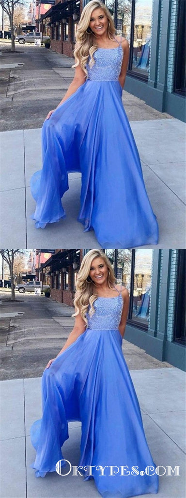 A-Line Spaghetti Straps Sleeveless Blue Floor Length Prom Dresses, TYP1870