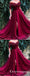 Burgundy Off the shoulder Half Sleeves A Line Tulle Long Prom Dresses, TYP1443