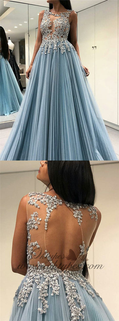 Scoop Sky Blue Open Back Long Formal Prom Dresses with Appliques, TYP1522