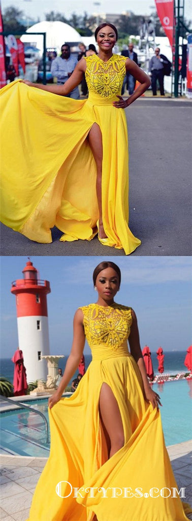 Yellow Chiffon Chiffon Simple Embroidery Cheap Long Prom Dresses, TYP1732