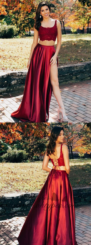 Two Pieces Scoop Sleeveless Burgundy Split Criss Cross Back Prom Dresses, TYP1521