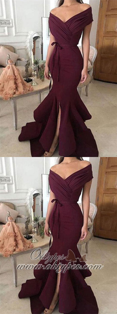 Unique Off Shoulder Burgundy Long Mermaid Prom Dresses, TYP1575